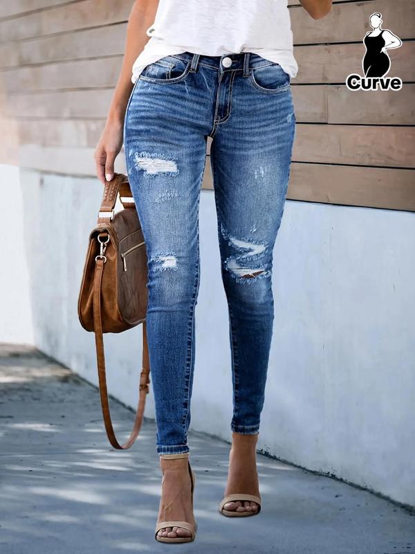 [Plus Size] Ripped Pocket Design Jeans, Casual Streetwear, Fall Outfits, Fallfreshness Button Fly Washed Denim Pants for Daily Wear, Denim Jeans for Women, Pants for Women,women's Plus Clothing for All Seasons, Designer Jeans